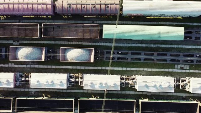 Top down drone view of a railway yard filled with multiple freight trains and cargo wagons positioned on parallel tracks. Cargo transportation, railway infrastructure, freight rail networks