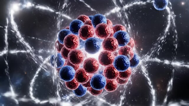 3D illustration of an atom showing spinning protons and neutrons.

