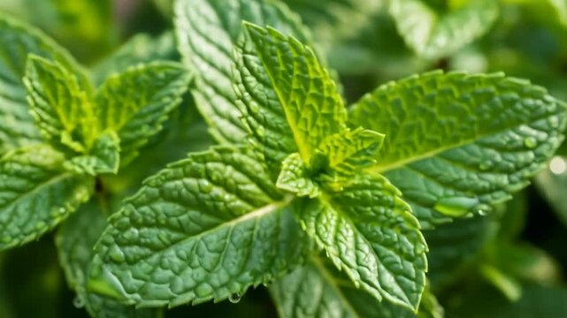 A close-up of vibrant green leaves with textured surfaces and serrated edges