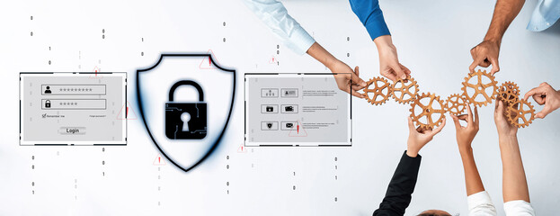 A visual representation of collaboration and cybersecurity, showcasing hands working together with gears, a lock symbol, and digital security elements to emphasize protection and innovation. Trope © InfiniteFlow
