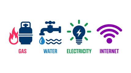 Clearly labeled icons for gas, water, electricity, and internet services with descriptive text beneath.