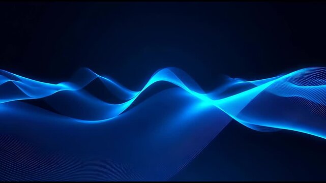 Glowing blue waves move across dark background. Light trails form flowing, undulating shapes