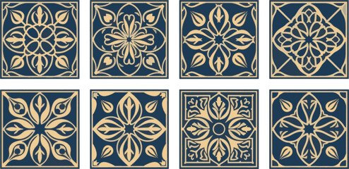 Set of luxury Islamic square patterns with traditional Arabic floral and geometric motifs for tile design. © MAHDIHASAN