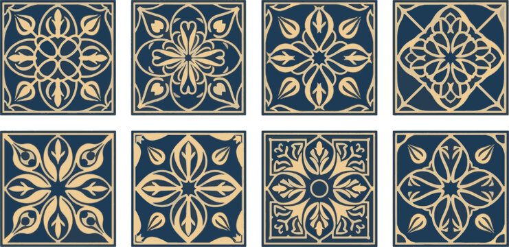 Set of luxury Islamic square patterns with traditional Arabic floral and geometric motifs for tile design.
