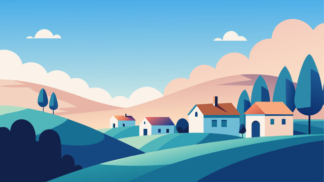 Illustration of houses on rolling hills