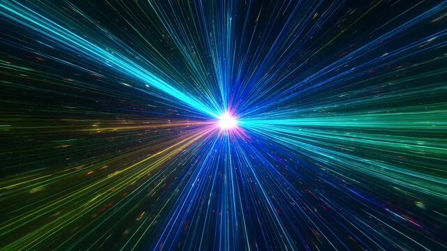 Radiant beams of red, blue, and green emanate from a central point, illuminating floating particles