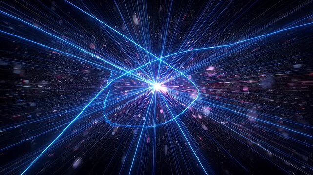 Vibrant, abstract light streaks radiating from a central point against a dark, starry background