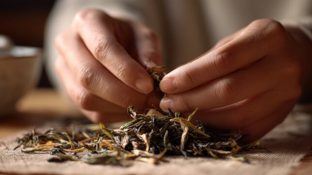 Close-up of Adult Hands Testing Dryness of Fired Tea Leaves
