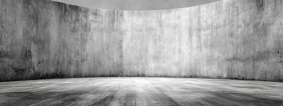 Empty concrete room with curved wall and floor, abstract industrial background.