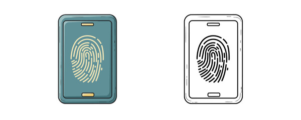 Fingerprint scanner authentication device presented in two versions colored flat and black line art illustration isolated on a white background