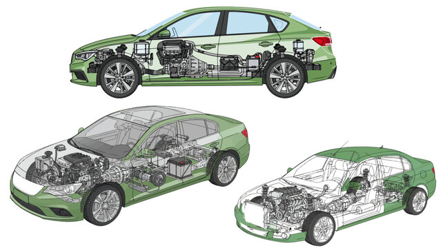 Eco friendly vehicle technology revealed through detailed CAD blueprint, showing inside automotive parts layout for modern sustainable car engineering design.