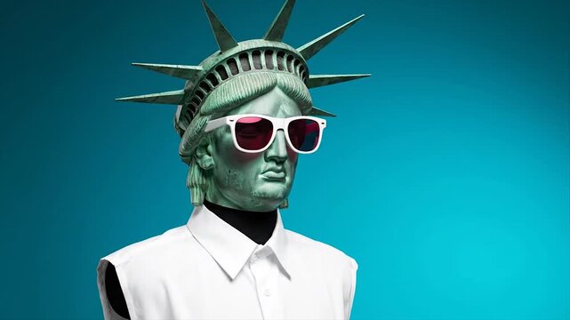 Statue of Liberty with pink sunglasses futuristic cyberpunk style digital art portrait
