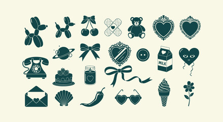 Aesthetic Vector Silhouette Icons Collection Featuring Balloon Dogs Cherries Heart Bows and More © Bilkis Islam