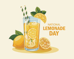 National Lemonade Day vector. Glass of lemonade with lemons and mint leaf icon. Glass with fresh ice summer drink vector. Lemonade Day Poster,. Important day © MD ABDUL MATIN