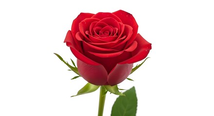Obraz premium Beautiful fully bloomed red rose with green stem and leaves isolated background