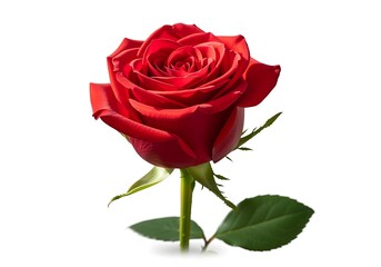 Beautiful fully bloomed red rose with green leaves isolated on transparent background