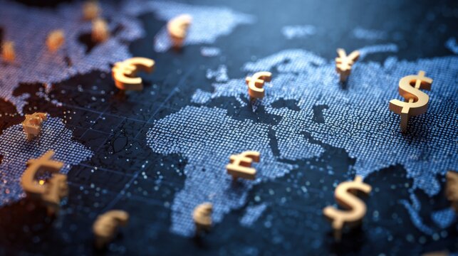 Various currency symbols hover over a map of the world, highlighting the connections between different economies and financial systems globally.