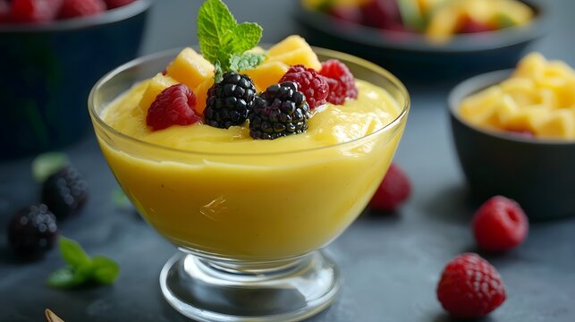 Juicy berries crowning silky custard high resolution picture