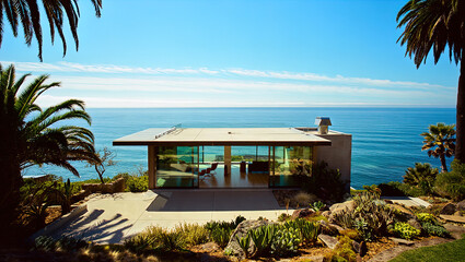 Fototapeta premium A modern vacation villa on the tropical ocean, beach view, resort villa.
