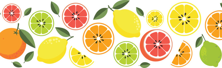 Fototapeta premium Citrus fruits set with lemon, orange, lime, and grapefruit slices illustration isolated on white background for fresh juice branding and healthy food design