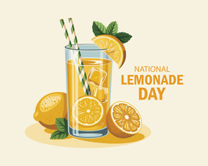 National Lemonade Day vector. Glass of lemonade with lemons and mint leaf icon. Glass with fresh ice summer drink vector. Lemonade Day Poster,. Important day © MD ABDUL MATIN