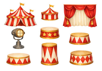 A charming watercolor collection of circus elements with striped tents, stage curtains, spotlights, and performance pedestals for vintage circus illustrations and carnival design. © liana
