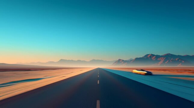 Minimal desert environment, perfectly straight highway centered frame. Twilight blue hour lighting gradient sky. desert ground reflects sky digital mirror,ion slight delayed echo effect micro temporal