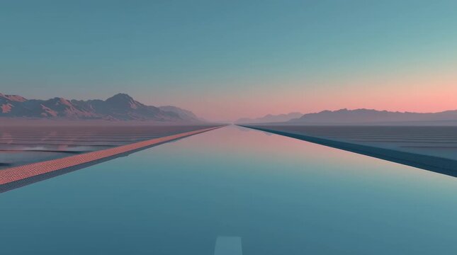 Minimal desert environment, perfectly straight highway centered frame. Twilight blue hour lighting gradient sky. desert ground reflects sky digital mirror,ion slight delayed echo effect micro temporal