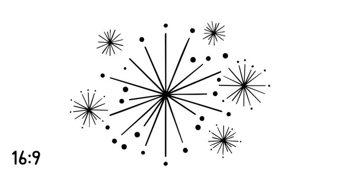 Simple black and white illustration of fireworks exploding in the night sky.