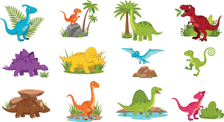 Cartoon dinosaurs in colorful playful scenes including stegosaurus, triceratops, pterosaur, spinosaurus, and long‑necked designs © Creative design