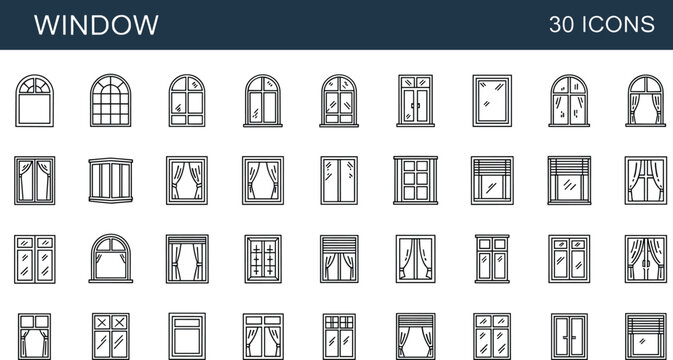 Window outline icon set with various house window styles including arched, sliding, and curtain frames isolated on white background for architecture and interior design