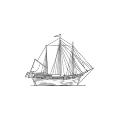 Classic Sailing Boat with Flag Line Art for Nautical and Historic Designs