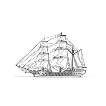 Classic Tall Ship Line Art Illustration | Detailed Sailing Vessel Blueprint | Historic Clipper Ship Vector