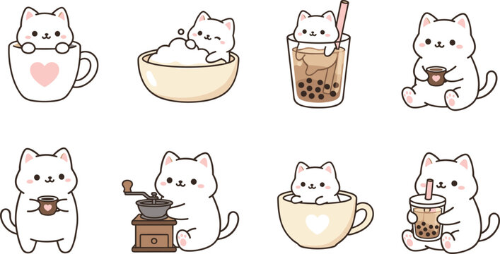 Cartoon white cat with pink cheeks in coffee and bubble tea mugs in cute playful caf&eacute; design