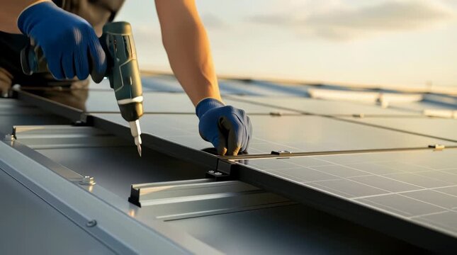 Solar panel installation and renewable energy for sustainable power generation with technician fastening photovoltaic modules on rooftop during sunny day Efficiency maintenance and green technology