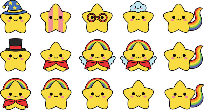 Large set of cute yellow star cartoon characters with wizard hat rainbow wings and funny faces for children stickers vector.