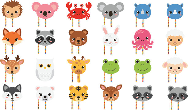 Cartoon animal faces on sticks including hedgehog, koala, crab, fox, raccoon, bear, rabbit, and more