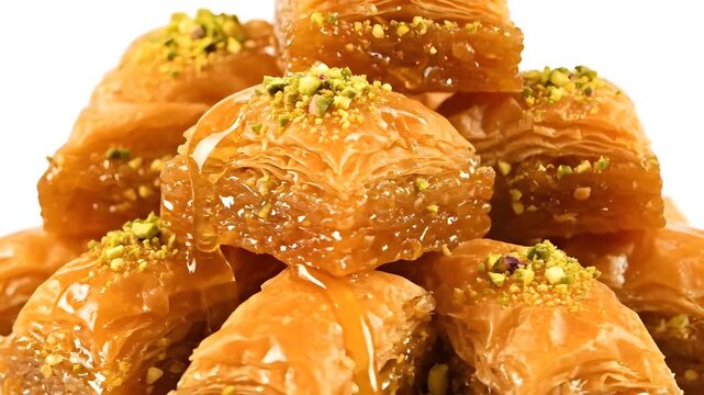 Close Up Drizzling Honey Over Golden Pastry on Plate, Sweet Middle Eastern Dessert, Food Eid Fitri