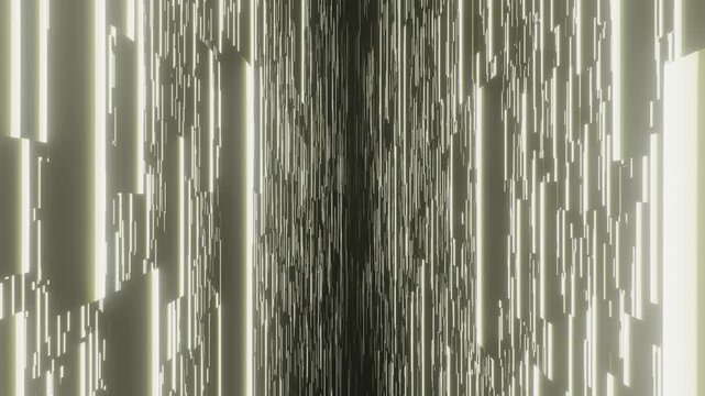 Yellow squares falling in vertical motion through dark space with dense streaks and grain texture