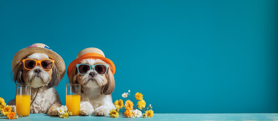 two cute small dogs wearing summer hats and colorful sunglasses sitting on blue background with the yellow flowers, Summer vibe concept banner