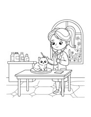 Obraz premium Vector illustration of girl grooming cat at table