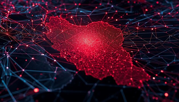 A digital map of Iran highlighted in red amidst a complex network of glowing blue and red lines and dots
