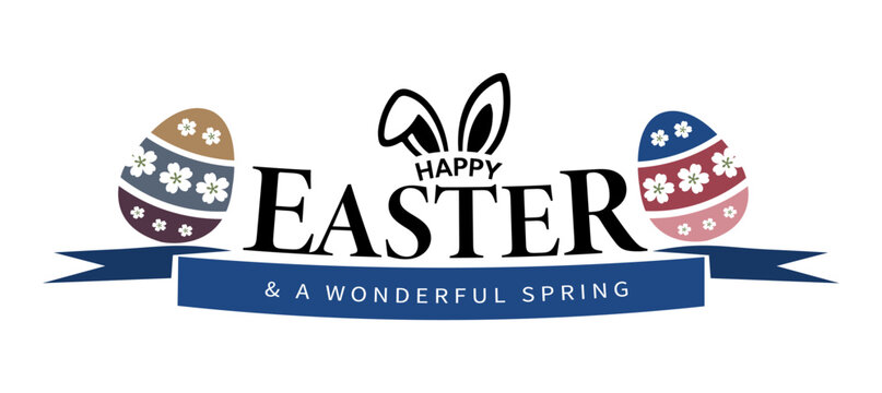 Happy Easter logo design with colorful easter eggs, blue ribbon, and bunny ears illustrations