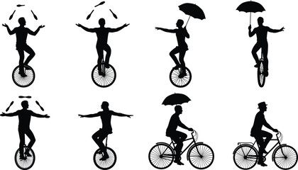 "Creative silhouettes of circus performers on unicycles and bicycles, juggling clubs and umbrellas, whimsical artistic vector illustration" © Atik
