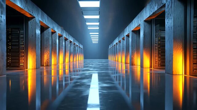 Futuristic server room with glowing orange lights and sleek architecture.