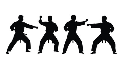 Four black silhouettes of men in different martial arts fighting stances