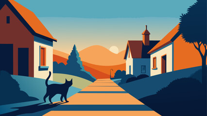 Naklejka premium Vector illustration, rural village, orange sunset, cat on road, countryside landscape