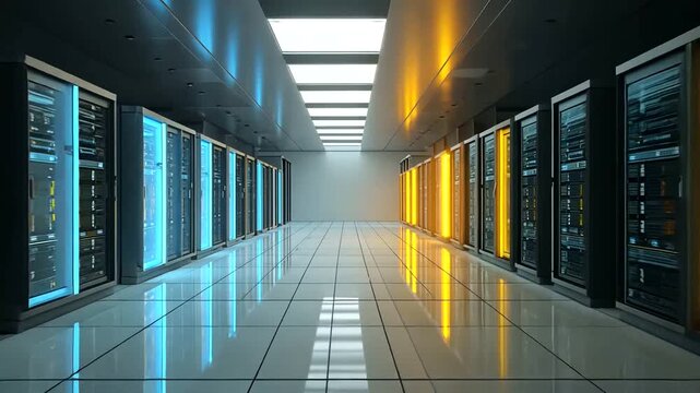 Modern server room with sleek data center infrastructure and illuminated server racks.