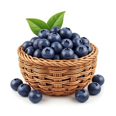Fototapeta premium Fresh blueberries in a wicker basket with green leaves on white background healthy food and fruit