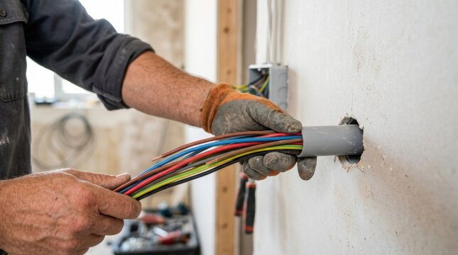 Worker's gloved hands pull colorful electrical wires through a conduit pipe in a wall during a construction project